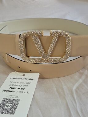 Valentino Garavani Cream Belt with Gold Sparkle Buckle